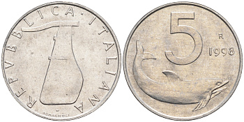 Италия 5 лир 1998 R, дельфин KM 92 алюминий  UNC  4594-763