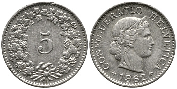 Швейцария 5 раппенов 1962 B KM 26 медно-никель 4528-643