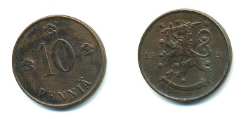Финляндия 10 пенни 1920 республика (1918-1962) KM 24 медь 36-346