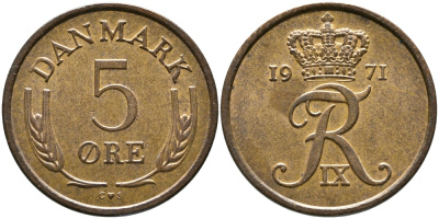 ДАНИЯ 5 ЭРЕ 1971 C; S, ФРЕДЕРИК IX (1947-1972) KM 848.1 бронза 28-1056