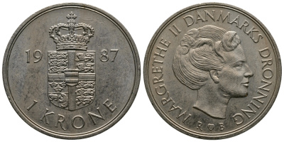 ДАНИЯ 1 КРОНА 1987 S; B, МАРГРЕТЕ II (1972-) KM 862.3 медно-никель 47-142