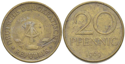 ГДР 20 пфеннигов 1969 А, первый год KM 11 латунь 4395-936