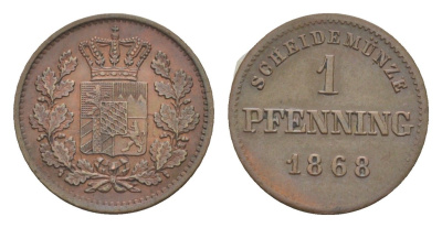 Бавария 1 пфенниг 1868 Людвиг II (1864-1886) KM 856 медь 4649-463