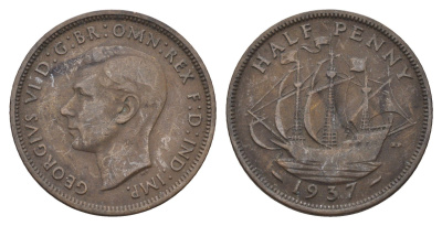 Великобритания 1/2 пенни 1937 Георг VI (1936-1952) KM 844, Spink 4115 бронза 4699-417