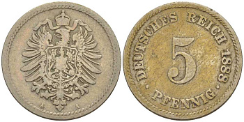 ГЕРМАНИЯ 5 ПФЕННИГОВ 1888 A, СТАРОГЕРБОВКА KM 3, J. 3, Weege 5 медно-никель 206-1062