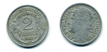 Франция 2 франка 1947 В KM 886а.2 алюминий 84-615