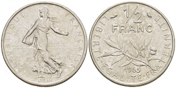 Франция 1/2 франка 1965 сеятель KM 931, Le Franc 198.3 никель 4528-258