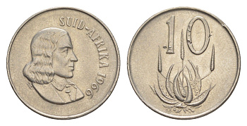ЮАР 10 центов 1966 Ян ван Рибек (1619-1677), Suid Africa, легенда на африкаанс, цветок алоэ KM 68.2 никель 4621-817