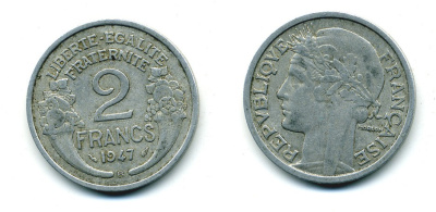 Франция 2 франка 1947 В KM 886а.2 алюминий 84-615