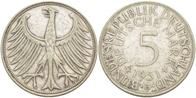 ФРГ 5 марок 1951 G, KM 112.1 серебро 115-832