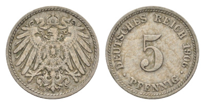 Германия 5 пфеннигов 1906 D, Вильгельм II (1888-1918) KM 11, J. 12 медно-никель 4640-119