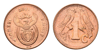 ЮАР 1 цент 2001 герб, капские воробьи KM 221 сталь плакированная медью UNC 4694-162
