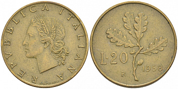 ИТАЛИЯ 20 ЛИР 1958 R ДУБОВАЯ ВЕТВЬ KM 97.1 алюминиевая бронза 73-114