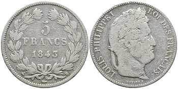 Франция 5 франков 1843 B, Луи Филипп I (1830-1848) KM 749.2 серебро 4386-123