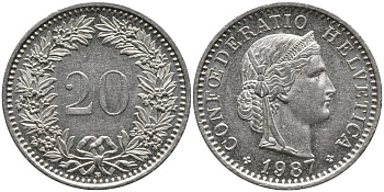 ШВЕЙЦАРИЯ 20 РАППЕНОВ 1987 В KM 29а медно-никель 4539-637