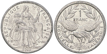 Французская Новая Каледония 1 франк 2008 птица кагу, (IEOM) KM 10, Schoen 10 алюминий 55-533