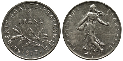 Франция 1 франк 1977 сеятель KM 925.1, Le Franc 226.22 никель 186-911