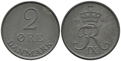Дания 2 эре 1960 C; S, Фредерик IX (1947-1972) KM 840.2 цинк 67-155