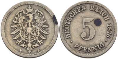 ГЕРМАНИЯ 5 ПФЕННИГОВ 1876 В, СТАРОГЕРБОВКА KM 3, J.3 медно-никель 100-322