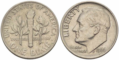 США 10 ЦЕНТОВ = 1 ДАЙМ 1966 РУЗВЕЛЬТ KM 195а медь плакированная медно-никелем 105-655