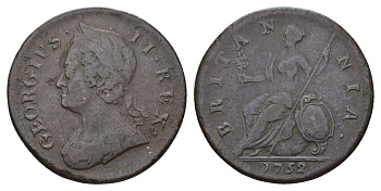 Великобритания 1/2 пенни 1752 Георг II (1727-1760) KM 579.2, Spink 3719 медь 603-1313