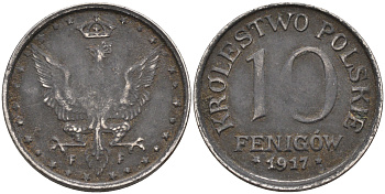 Польша 10 фенигов 1917 FF, первая Мировая война, легенда не касается края KM 6 железо    4126-815