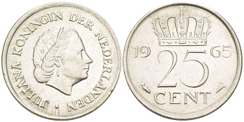 Нидерланды 25 центов 1965 Юлиана (1949-1980) KM 183 никель 214-941