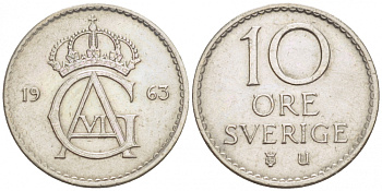 Швеция 10 эре 1963 U Густав VI Адольф (1950-1973) KM 835 медно-никель 3996-1026