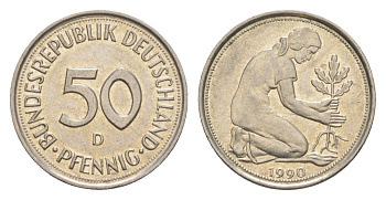 ФРГ 50 пфеннигов 1990 D KM 109, J. 384 медно-никель aUNC 4627-721