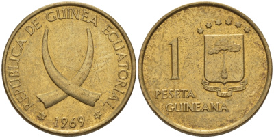 Экваториальная Гвинея 1 песета 1969 республика, диаметр 19,5 мм. KM 1 алюминиевая бронза 66-755