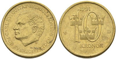 Швеция 10 крон 1991 D, Карл XVI Густав (1973- ) KM 877 медь алюминий цинк 4592-132