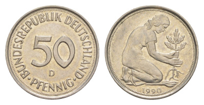 ФРГ 50 пфеннигов 1990 D KM 109, J. 384 медно-никель aUNC 4627-721