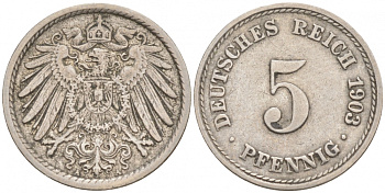 ГЕРМАНИЯ 5 ПФЕННИГОВ 1903 A, KM 11, J. 12 медно-никель 73-1748