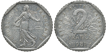 ФРАНЦИЯ 2 ФРАНКА 1981 СЕЯТЕЛЬ KM 942.1, LE FRANC 272.5 никель 72-1243