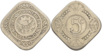 НИДЕРЛАНДЫ 5 ЦЕНТОВ 1913 ВИЛЬГЕЛЬМИНА I (1891-1948) KM 153 медно-никель 219-631