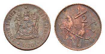 ЮАР 1/2 цента 1970 два капских воробья на ветке KM 81 бронза 116-566