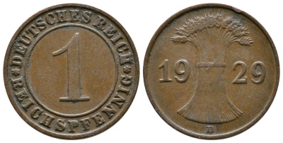 ГЕРМАНИЯ 1 РЕЙХСПФЕННИГ 1929 D KM 37, J. 313 бронза 4380-1164