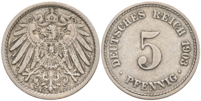 ГЕРМАНИЯ 5 ПФЕННИГОВ 1903 A, KM 11, J. 12 медно-никель 73-1748