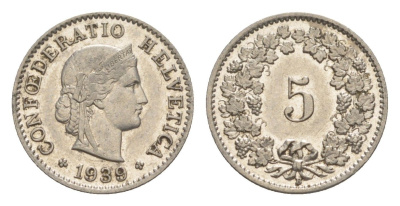 Швейцария 5 раппенов 1939 B KM 26 медно-никель 4627-164