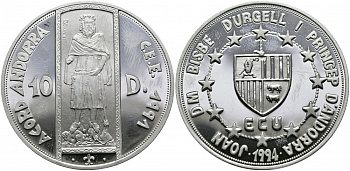 Андорра 10 динеров 1994 таможенный союз ECU, король Арагона и Валенсии, граф Барселоны Педро III KM 99 серебро PROOF 1095-4-31