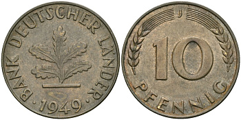 ФРГ 10 пфеннигов 1949 J KM 103, J.378 сталь плакированная латунью 4579-216