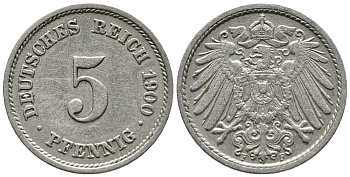 ГЕРМАНИЯ 5 ПФЕННИГОВ 1900 F KM 11, J. 12 медно-никель 39-746