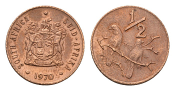 ЮАР 1/2 цента 1970 два капских воробья на ветке KM 81 бронза 4643-153