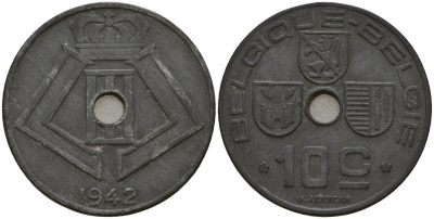 Бельгия 10 сантимов 1942 Belgique - Belgie, Леопольд III (1934-1947), германская оккупация, Вторая мировая война KM 125 цинк 4161-321