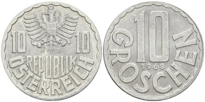 Австрия 10 грошей 1968 KM 2878 алюминий 4576-1031
