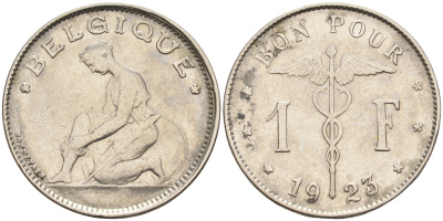 Бельгия 1 франк 1923 Belgique, Альберт I (1909-1934) KM 89 никель 4589-757