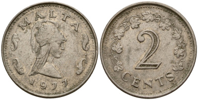 Мальта 2 цента 1977 Пентесилея, царица амазонок KM 9 медь цинк 4154-712