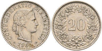 Швейцария 20 раппенов 1960 B KM 29a медно-никель 4606-752