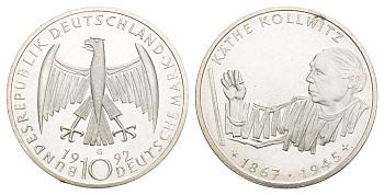 Германия 10 марок 1992 G, 125 лет со дня рождения Кете Кольвиц KM 178 серебро UNC 4634-1022