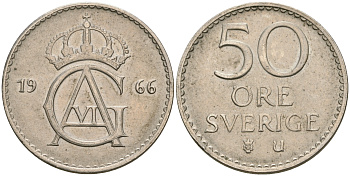 Швеция 50 эре 1966 U, Густав VI Адольф (1950-1973) KM 837 медно-никель 08-1017